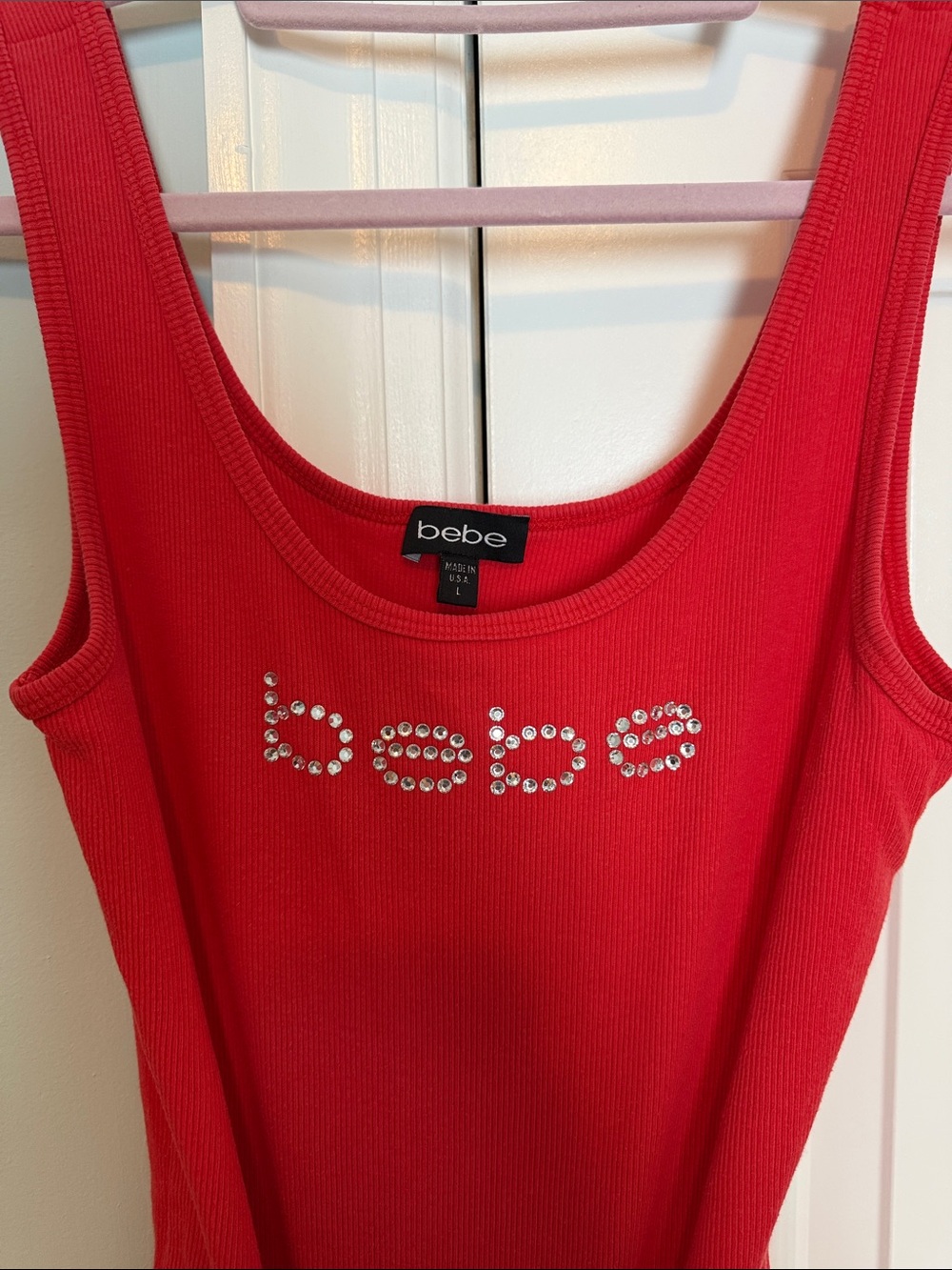 Bebe Red Rhinestone Logo Ribbed Tank - Picture 2 of 5
